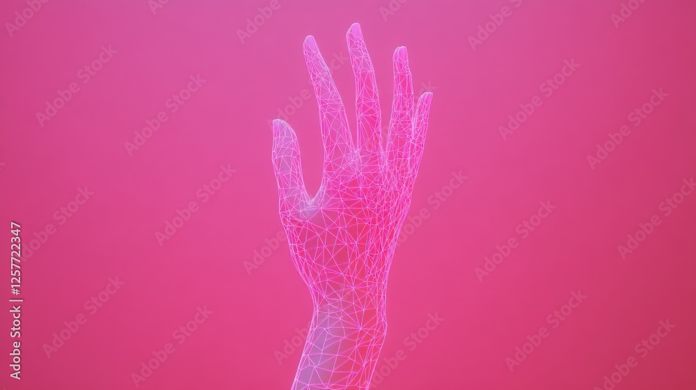 Poster abstract representation of a futuristic hand model against a pink background