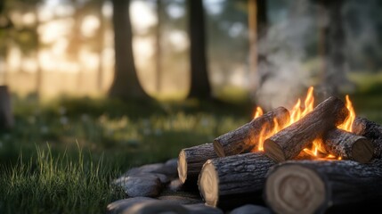 A breathtaking close-up of a rustic campfire, flames licking the logs, warm orange glow contrasting with the cool night shadows, soft smoke drifting in the breeze, a cozy and nostalgic wilderness 