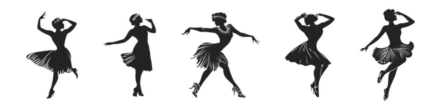 Retro vector silhouette of a 1920s jazz dancer. Vintage Elegant dancer dancing. Charleston Party. Gatsby style set. lindy-hop dance pose. 