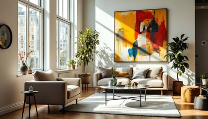 Sunny loft apartment living room with modern sofa, art, plants