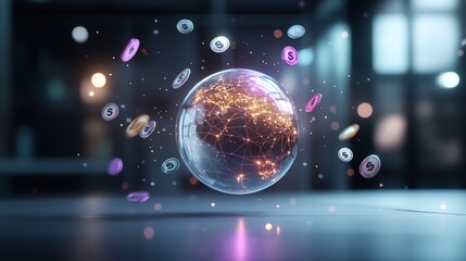 Obraz premium Futuristic digital globe with glowing network connections, currency symbols in modern office setting.