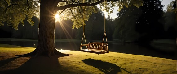 Charming wooden swing hanging from a sturdy tree inviting quiet moments of reflection and childhood memories in natures embrace