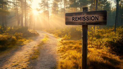 Pathway in beautiful summer forest, rustic wooden sign with word Remission