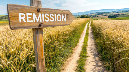 Footpath in idyllic field, wooden sign reading Remission