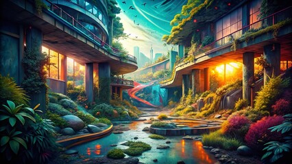 Obraz premium Abstract Urban Biophilic Textures: Nature's Rhythms in Decaying Cityscapes