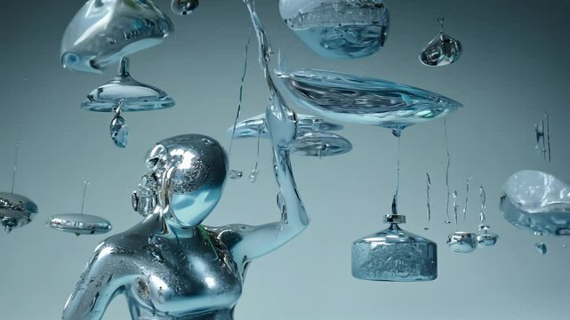 Diving into a dreamy realm where reflective shapes dance in fluid motion, showcasing a figure interacting with mesmerizing constraints in a metallic environment.