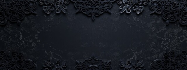 Mysterious black background with intricate details, ideal for design and banner templates. Featuring a dark theme with complex minimalist motifs and captivating, enigmatic backdrop.