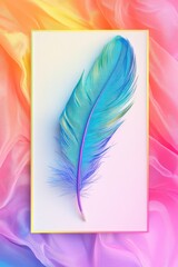 rainbow feather on a marble background with a rainbow frame