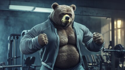 Anthropomorphic bear in workout clothes, engaging in exercise at a gym. Showcasing fitness and health with a playful twist, ideal for fitness content and motivational illustrations.