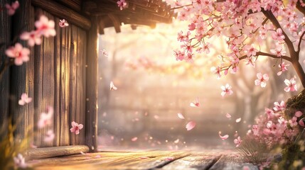 Serene Spring, Cherry Blossoms and Wooden Gazebo