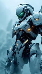 Futuristic Robot Standing Tall with Green Visor and Metallic Armor