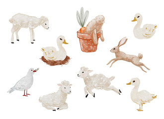 Whimsical Watercolor Farm Animals Clipart for Easter Cards – Cute Lambs, Ducks, Rabbits, and Birds in Rustic Pastel Tones