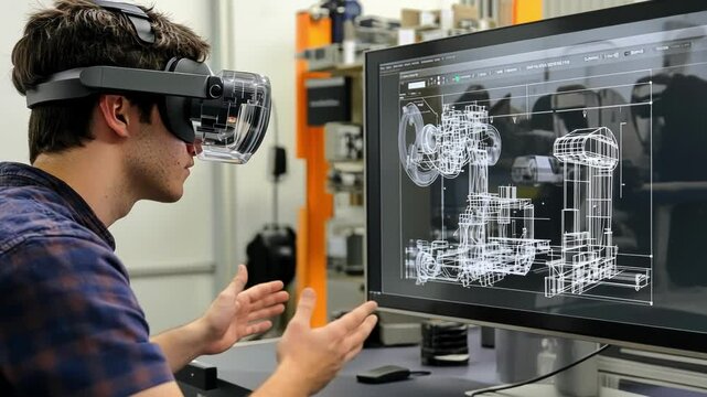 Engineer wearing a vr headset is analyzing a 3d model of a complex machine displayed on a computer screen. Showcasing the integration of virtual reality in modern engineering and design processes