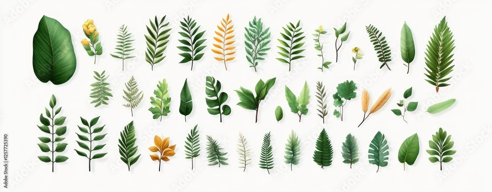 Poster collection of various green leaves and foliage isolated on soft background