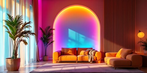 Vibrant living room, sunset light, arched neon wall, plants