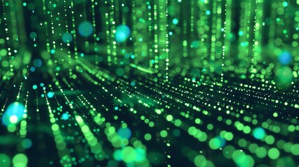 Glowing green and blue particles move quickly in a downward direction over a black background.