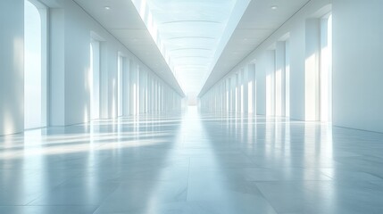 Obraz premium Bright and airy modern hallway with large windows, reflecting light on polished floor, serene atmosphere