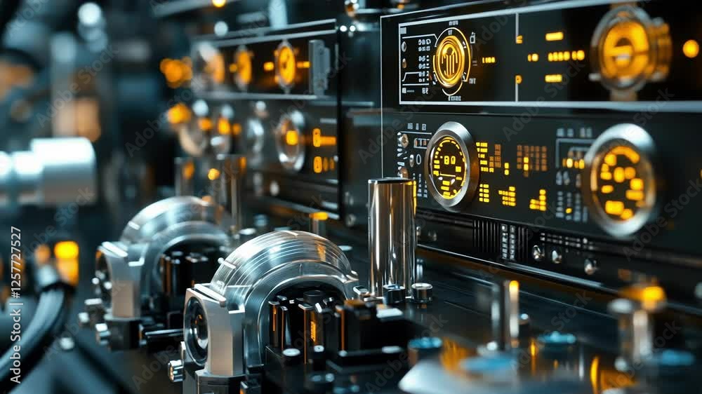 Poster complex machinery interface displaying real time data and performance metrics, utilizing advanced te