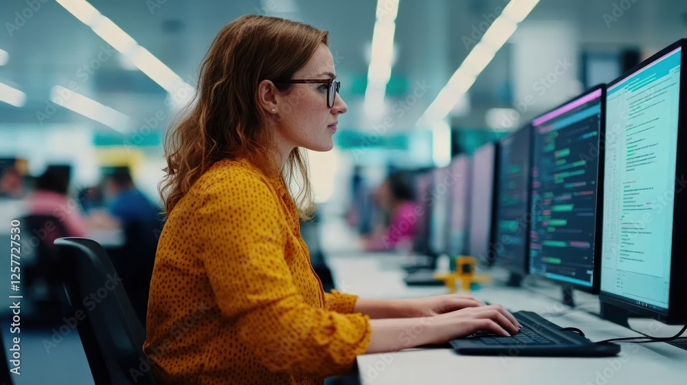 Poster Focused Woman Coding in Modern Office Environment with Dual Monitors Displaying Code