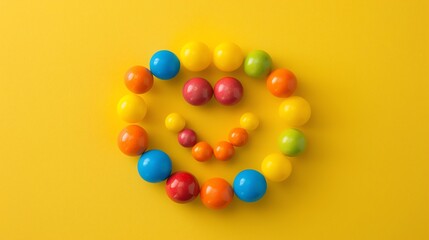 Obraz premium Colorful candy balls arranged in a circle on a yellow background. The candy balls are red, orange, yellow, green, blue, and purple.