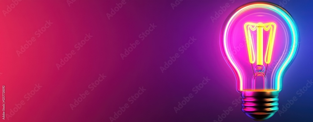 Poster neon light bulb with vibrant colors on a gradient background for creative uses