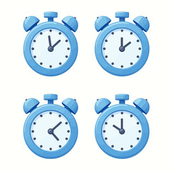A stylish vector illustration of four blue alarm clocks displaying different times. Great for time management, schedule, and productivity themes.