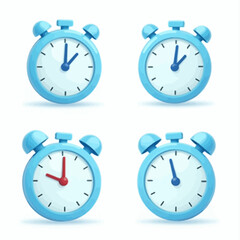 A stylish vector illustration of four blue alarm clocks displaying different times. Great for time management, schedule, and productivity themes.