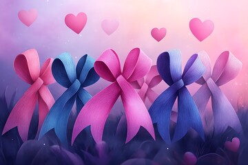 Fototapeta premium Pink and Purple Ribbons with Floating Hearts on Dreamy Background