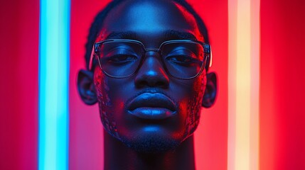 Portrait of a person with glasses against vibrant blue and red neon lights, exuding confidence
