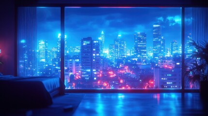 Naklejka premium Neon city view from modern bedroom