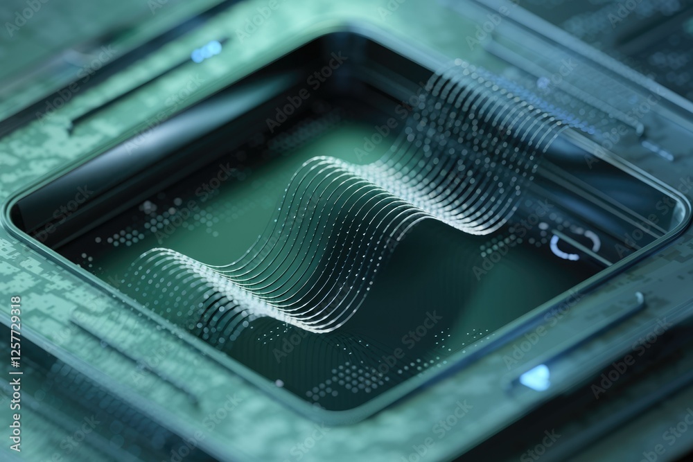 Aufkleber Abstract digital wave data flowing through a futuristic technological device.