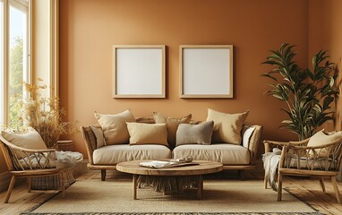 Cozy living room, boho decor, natural light, plants, interior design mockup