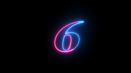 Neon digital number. Educational mathematics concept with neon letter. Abstract neon countdown “6” number text background illustration.