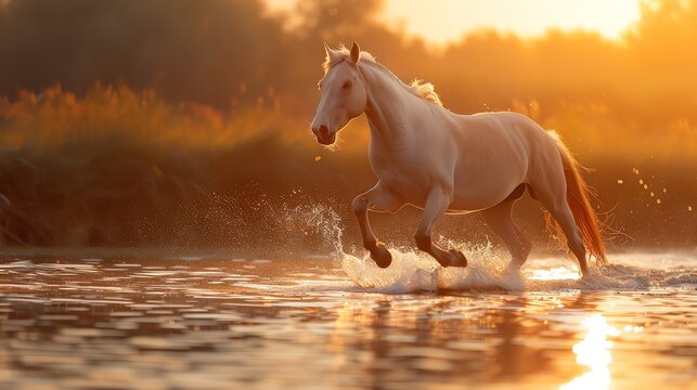 Image of a beautiful white horse running through water at sunset. The horse is in mid-stride, with its mane and tail flowing in the wind.