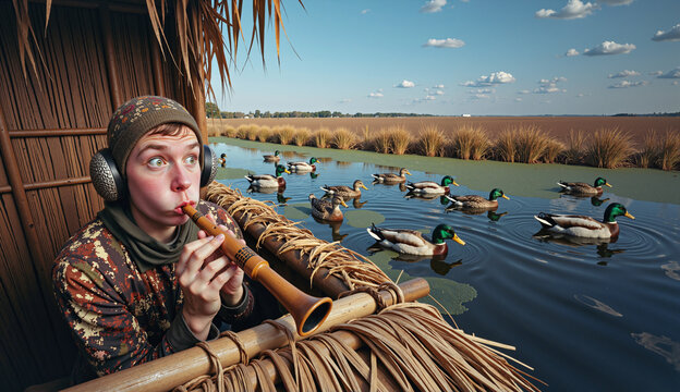 A focused hunter mimics duck calls in a rustic wetland hide.