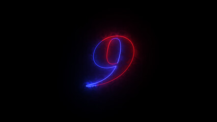 Educational mathematics concept with neon letter. Abstract neon countdown “9” number text background illustration. Neon digital number.