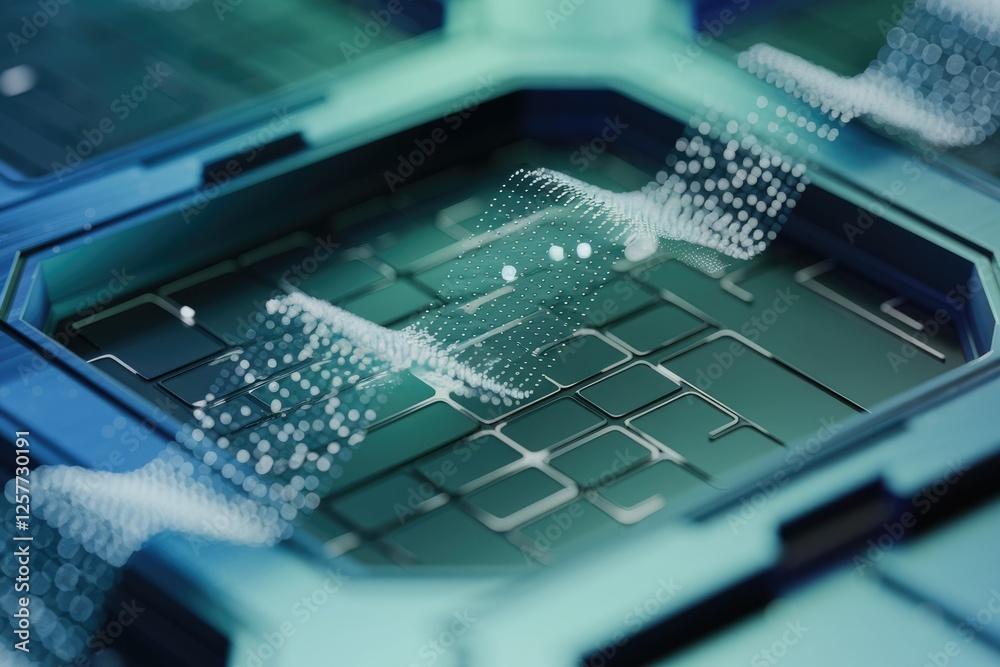 Poster Abstract digital data stream flowing over a futuristic technological circuit board.