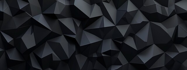 Sharp black triangles and polygons on a dark background. Geometric pattern for banner template with white space in the center for text. Minimalist wallpaper with copy space.