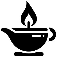 Oil Lamp Icon: A simple yet elegant icon depicting a traditional oil lamp with a burning flame, perfect for representing concepts of light, knowledge, warmth, or spirituality. 