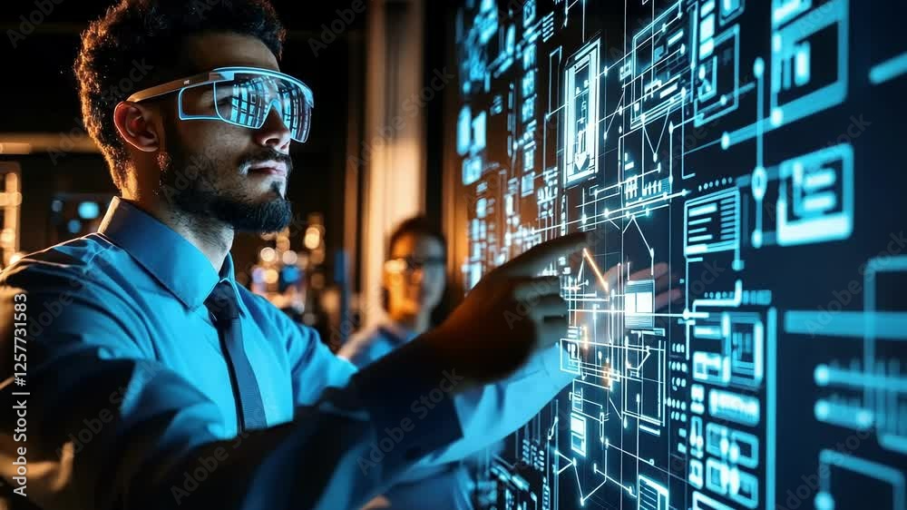 Poster software engineer wearing augmented reality glasses touching futuristic interface working with sourc