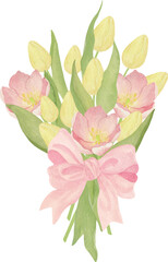 Hand-painted Watercolor vector Tulip Bouquet with Pastel Silk Ribbon for Holiday Decor birthday Wedding Celebrations greeting cards invitations baby showers Mother's Day