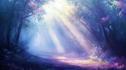 Obraz premium Mystical Forest Glade with Ethereal Light Beams and Dreamy Atmosphere
