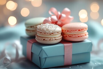 Fototapeta premium Pastel-colored macarons in a gift box with a soft ribbon