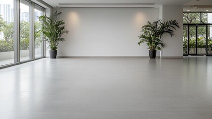 Empty modern office space with plants, overlooking city
