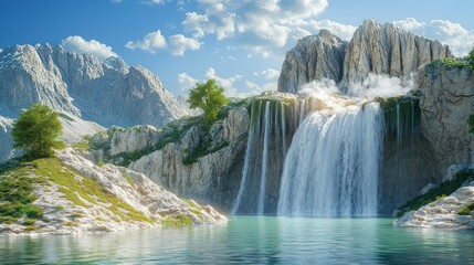Fototapeta premium Majestic Waterfall Cascading into a Serene Mountain Lake, Breathtaking Nature Scene, Picturesque Landscape