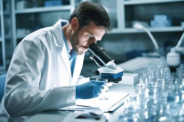 Caucasian male scientist in white lab coat conducting research with microscope in modern laboratory. Medical testing, scientific analysis and healthcare examination