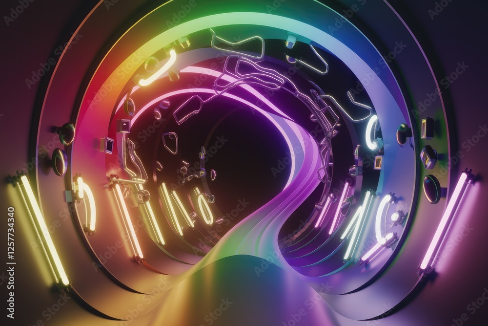 Aufkleber Abstract 3D rendering of a swirling tunnel with vibrant neon lights and floating objects.