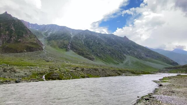 Himalayan mountain view at Mughalpura with the Drass River in Ladakh. It is on NH 1 near the Mina Marg Check Post in the union territory of Ladakh in India.