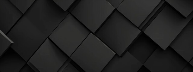 Obraz premium Simple black triangles and squares on a dark background. Geometric design for banner template with white space in the center for text. Minimalist wallpaper with copy space.