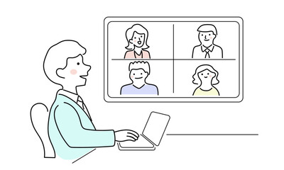 Businessman and his colleagues meeting online with laptop and computer screen